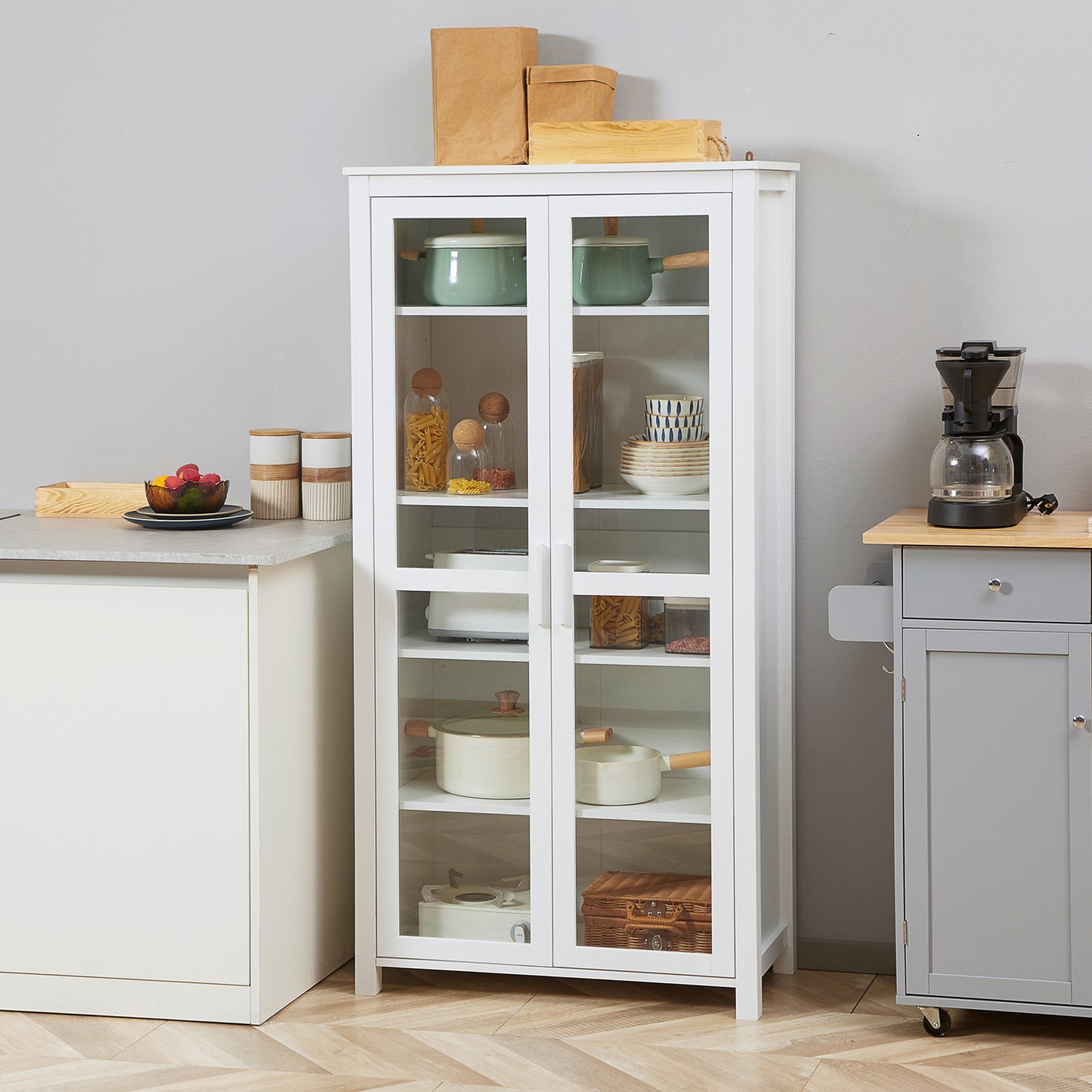 Freestanding Kitchen Pantry, Buffet Cabinet, 5-tier Storage Cabinet with Adjustable Shelves and 2 Glass Doors, White