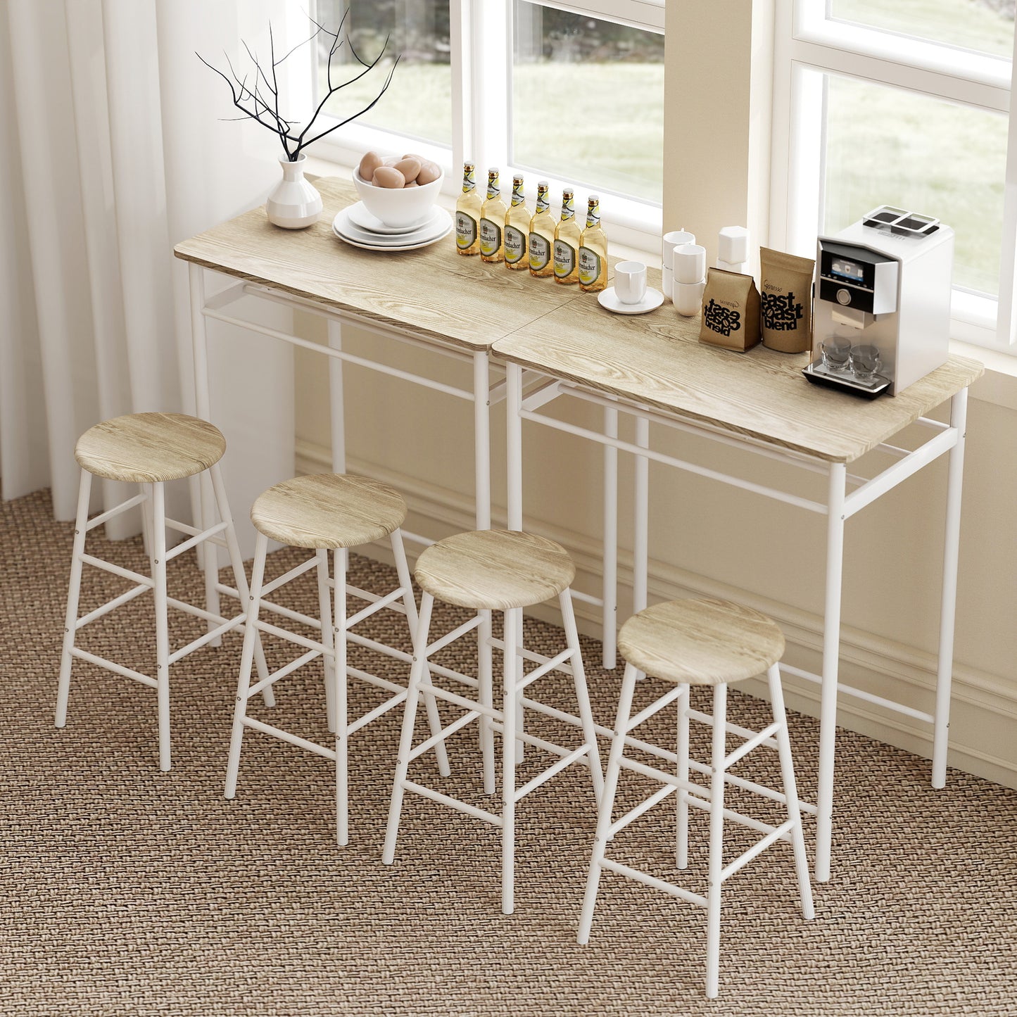 3 Piece Counter Height Bar Table Set with 1 Table, 2 Matching Stools, Dining Table Set with Storage Shelf and Metal Frame Footrest, White and Oak