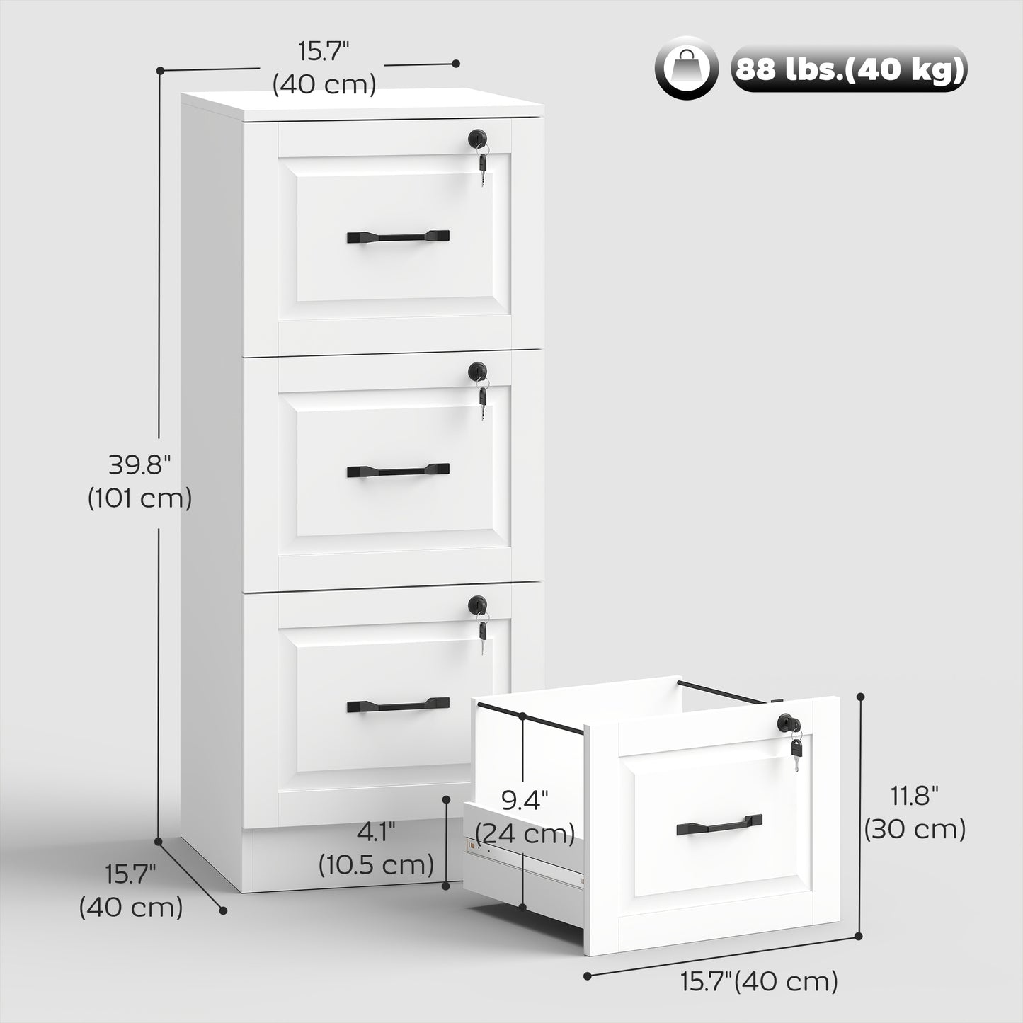3 Drawer File Cabinet with Lock, Vertical Filing Cabinet with Adjustable Hanging Bars for A4 and Letter Size, White
