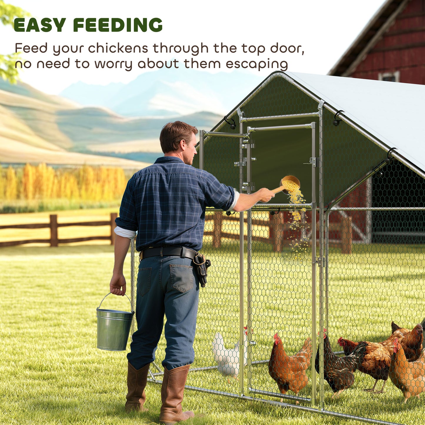 Large Metal Chicken Run with Waterproof & UV-Resistant Cover, Feeding Door, Hanging Feeder, Perch, for 24-30 Chickens