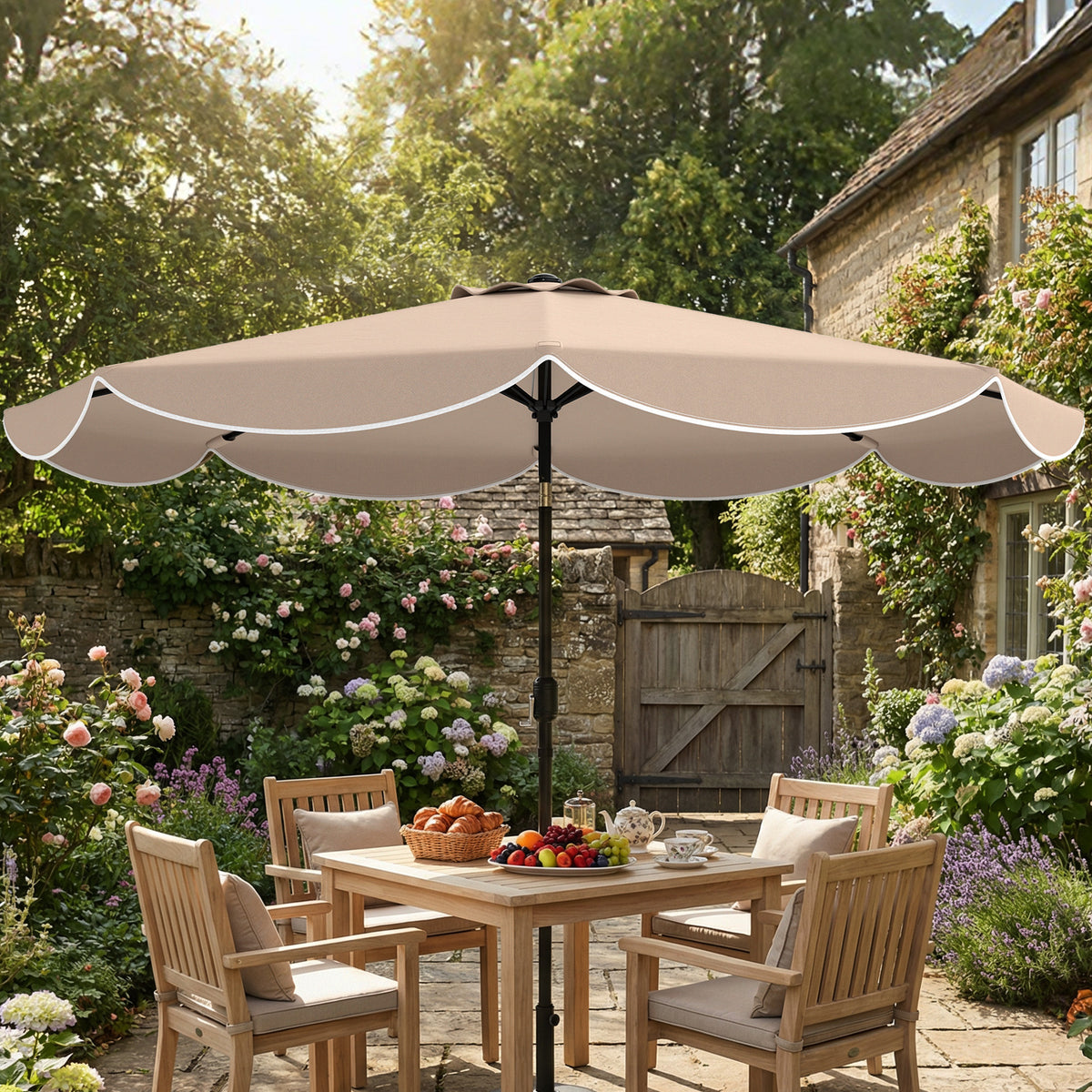 9' x 9' Khaki Round Market Umbrella with Valance & Tilt Crank