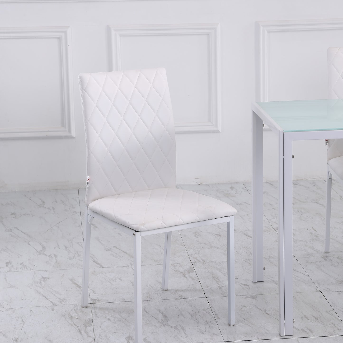 Modern Dining Chairs Set of 4, Upholstered Faux Leather Kitchen Chairs with Rhombic Tufting and Metal Legs for Living Room, White