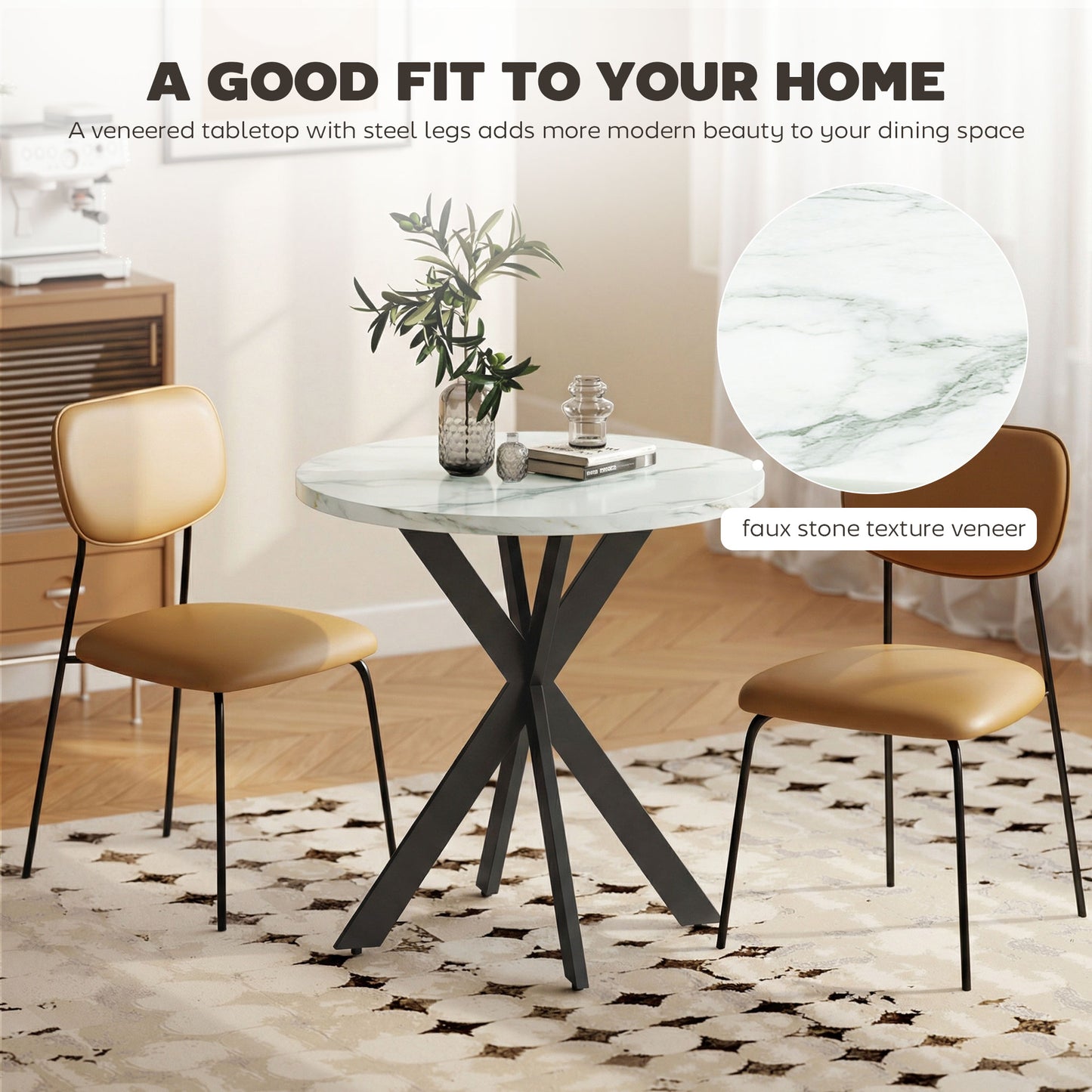29" Dining Table, Contemporary Round Kitchen Table with Steel Legs, White Marble-Effect