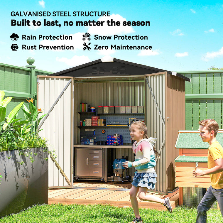6.5' x 4' Metal Garden Shed with Lockable Doors - Brown