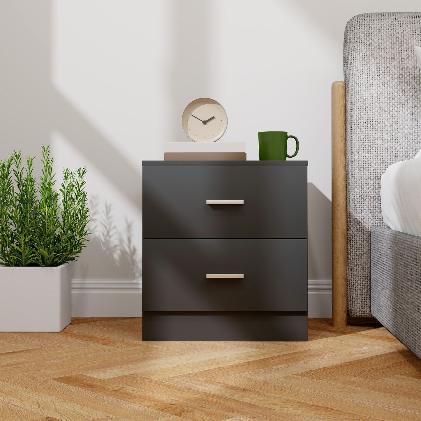 Bedside Table with 2 Drawers, Modern Nightstand for Bedroom, Black
