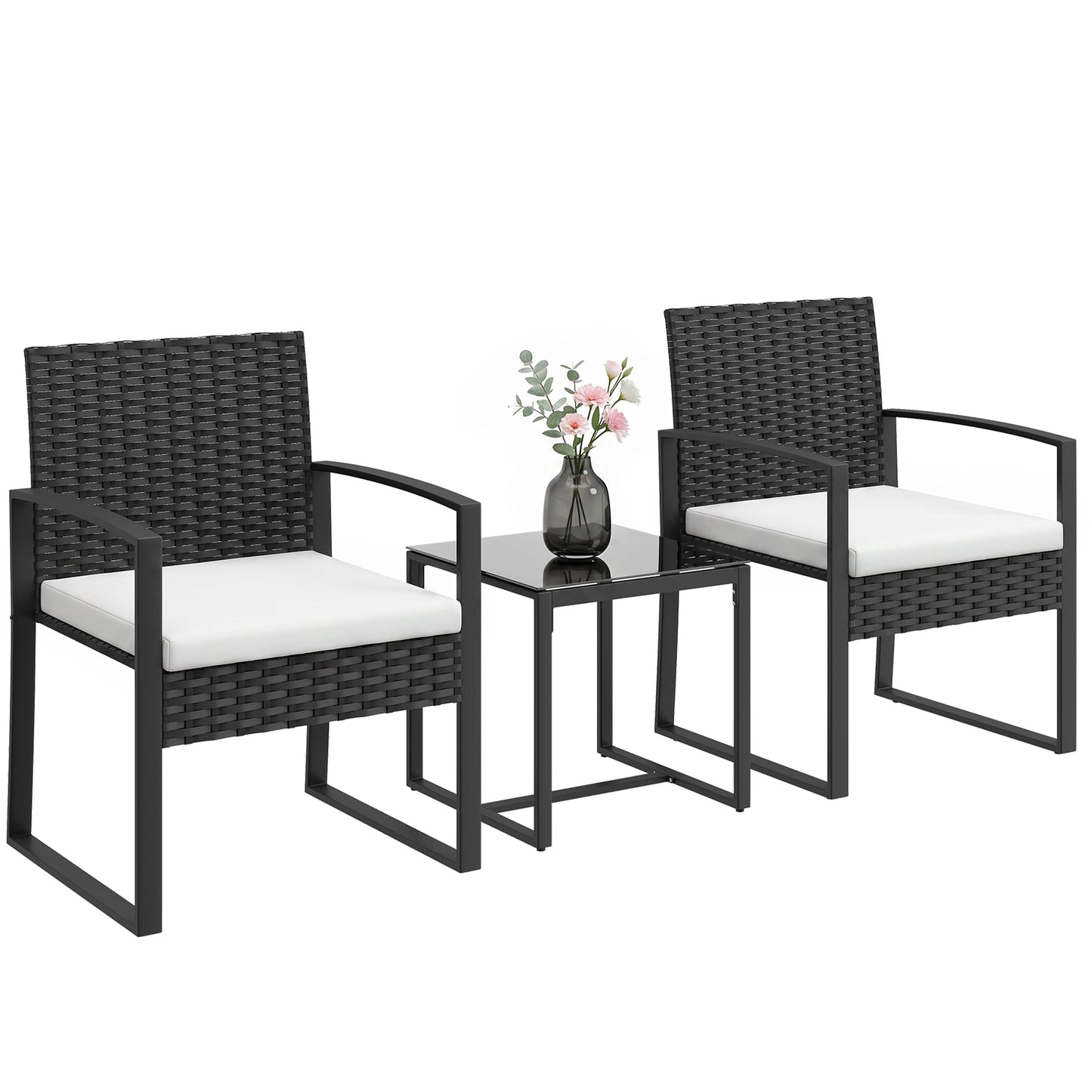Outdoor Bistro Set, 3 Piece Wicker Patio Furniture Set with Glass Top Table and Cushions for Porch, Balcony, Cream White