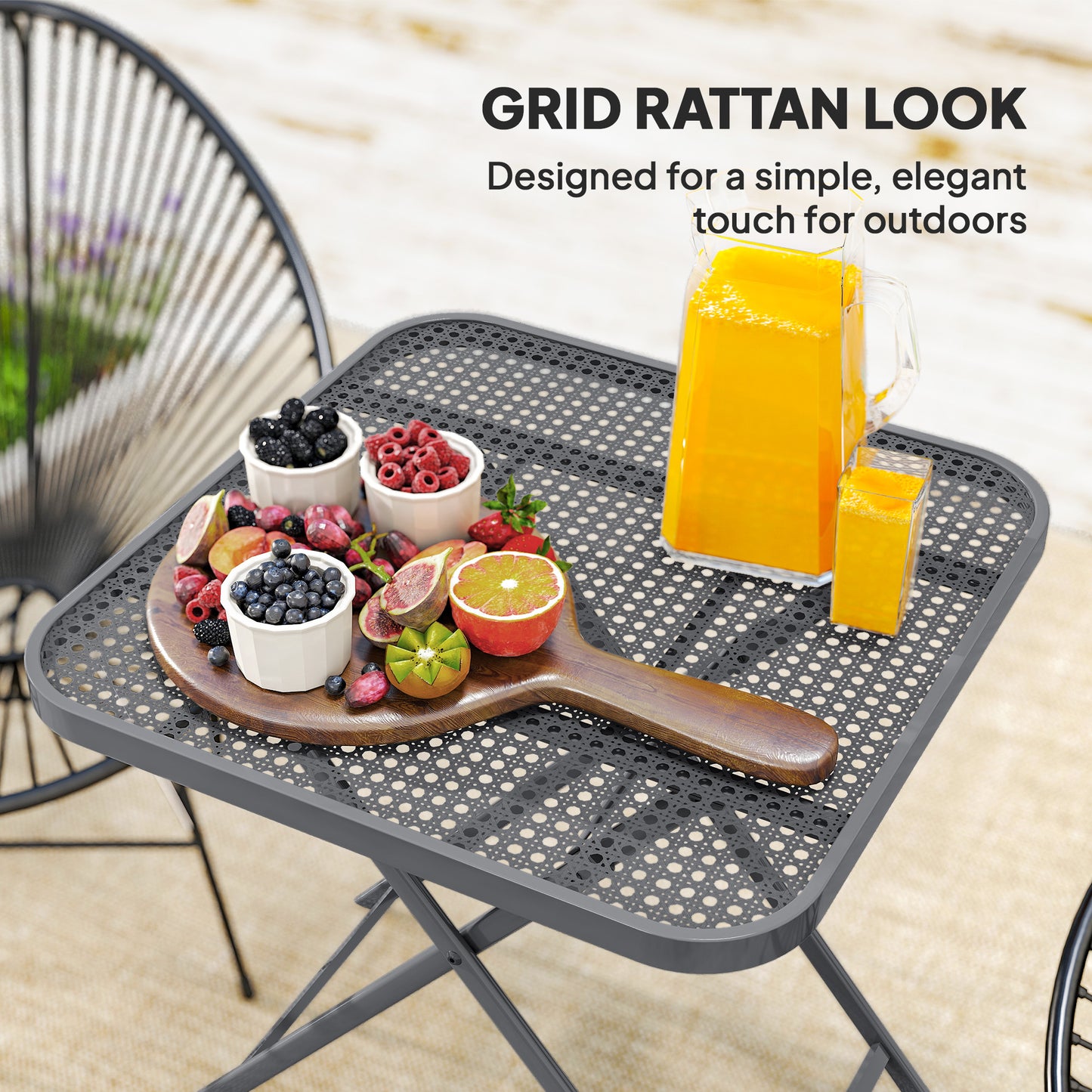 27.5" Square Outdoor Patio Table, Outdoor Folding Table with Grid Rattan-Like Top for Camping, Picnic, Black