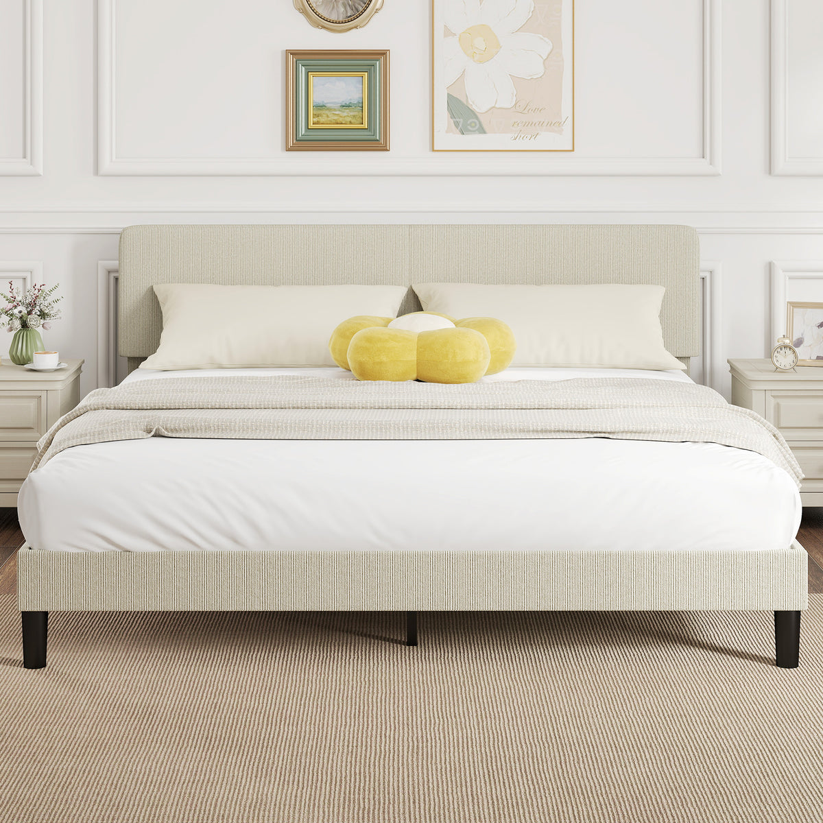 King Size Bed Frame with Adjustable Upholstered Headboard Platform Bed Frame Wood Slat Support Noise Free Light Grey