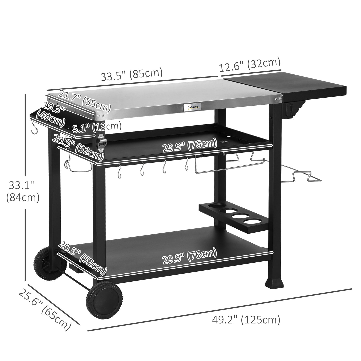 3-Shelf Grill Cart with Foldable Side Table & Stainless Steel Top