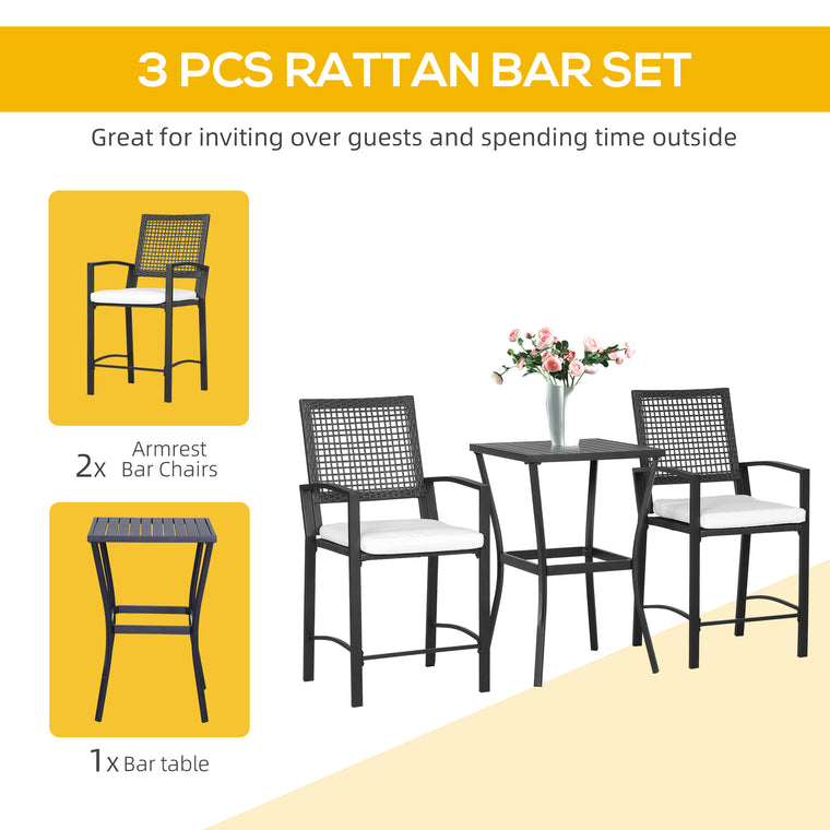 Cream White 3-Piece Wicker Bar Set with Cushions