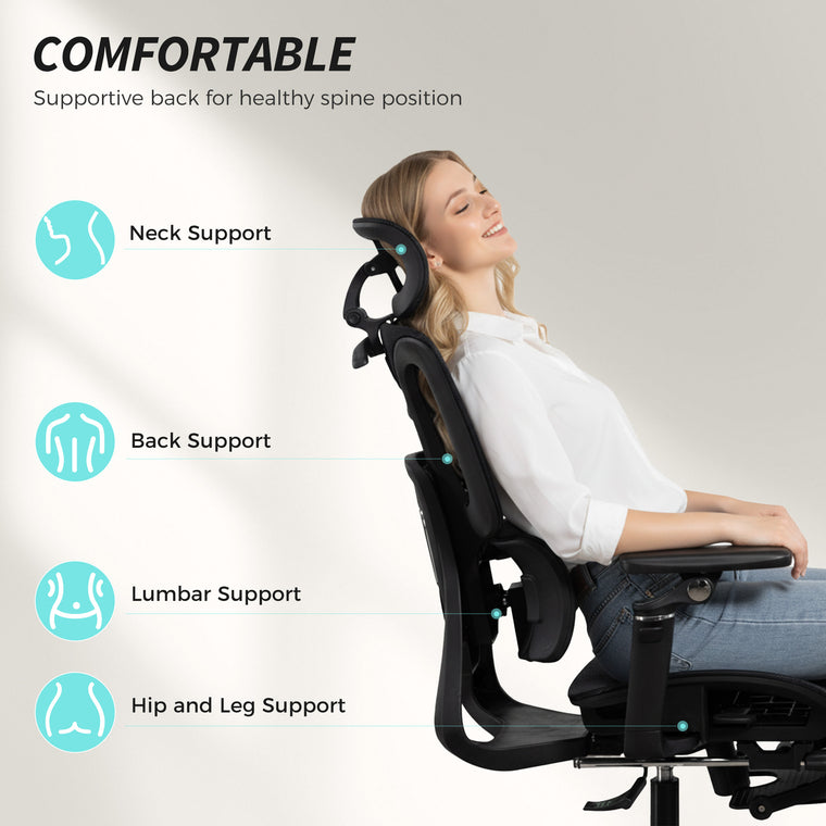 Ergonomic Mesh Office Chair with Headrest and Footrest - Black