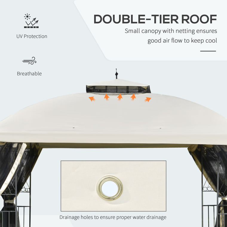 12' x 10' Beige Gazebo with Double Tier Roof & Mesh Sidewalls