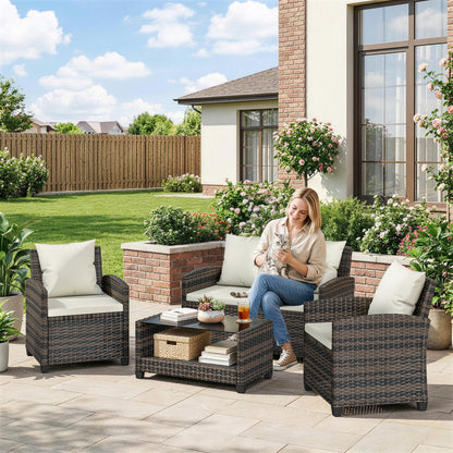 4-Piece Wicker Conversation Set with 2-Tier Table - Beige