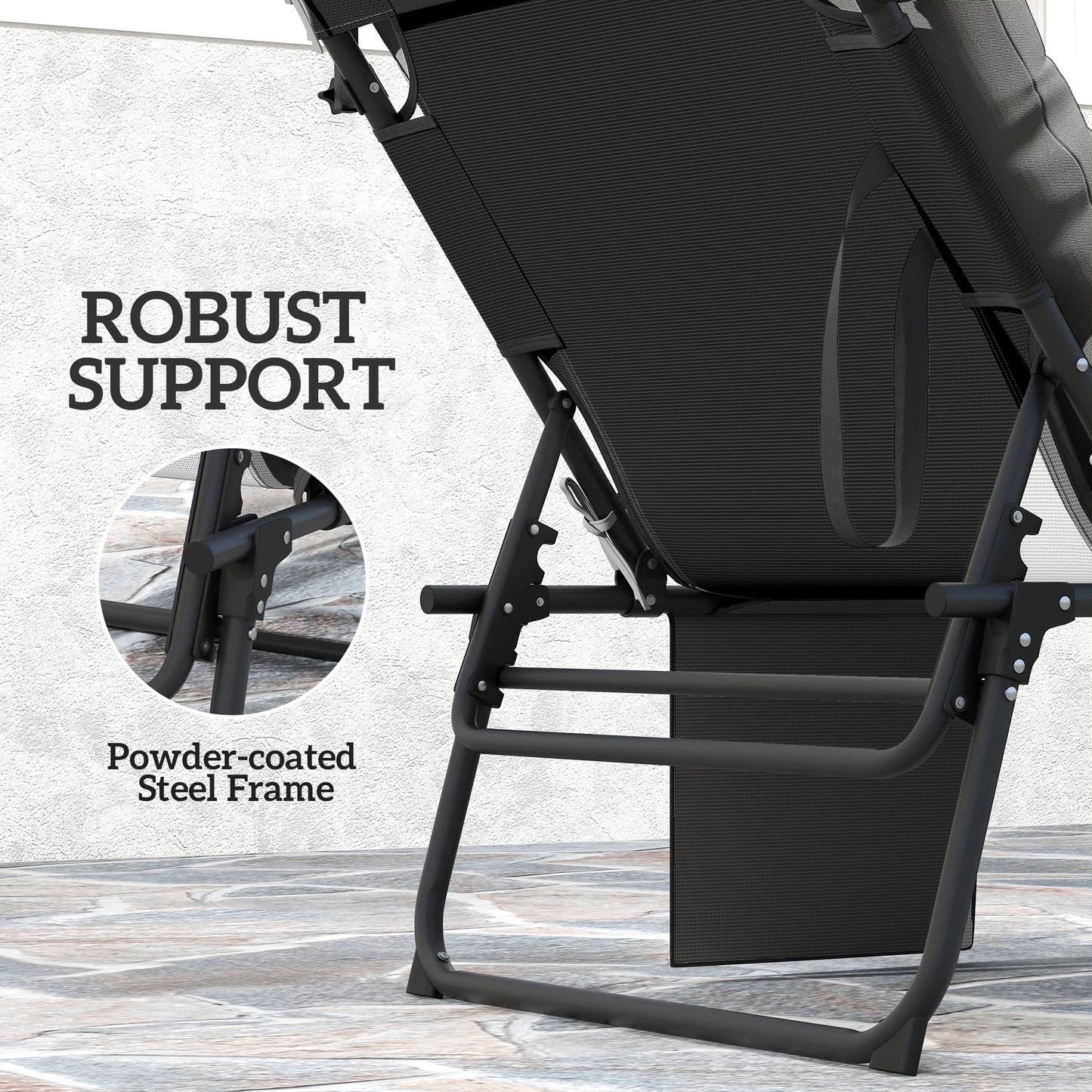 Folding Lounge Chair with Adjustable Canopy, 4-Position Outdoor Tanning Chair with Headrest, Dark Grey