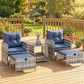 5 Piece Patio Furniture Set, Wicker Patio Chairs with Ottomans, 2-Tier Glass Coffee Table and Cushions, Grey/Cream White - Dark Blue
