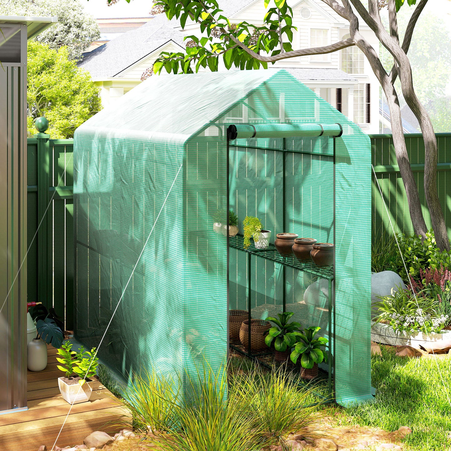 Walk-in Greenhouse Outdoor Portable Plant Flower Growth Warm House with Roll-up Door, 73" x 47" x 75", Green