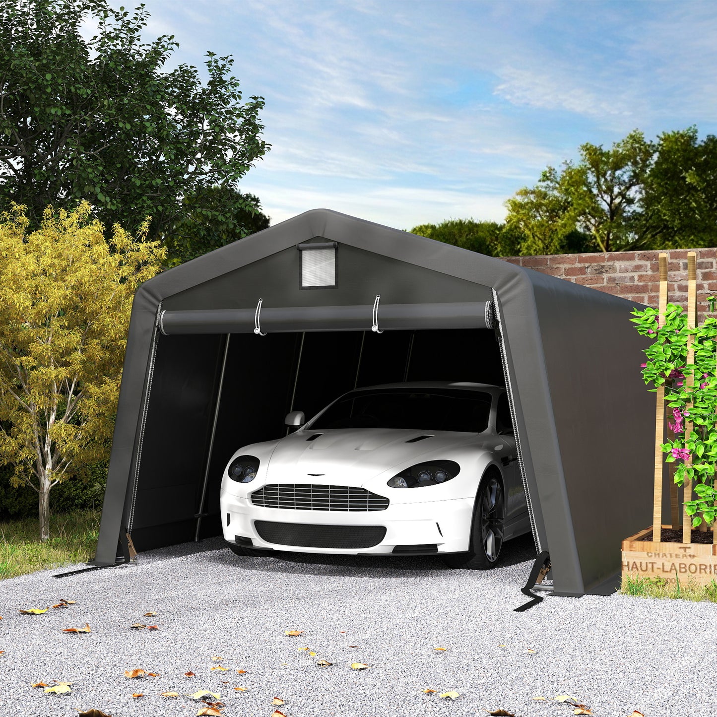 Portable Garage, Heavy Duty Carport Canopy with Ventilation Windows and Large Roll-up Door, Dark Grey