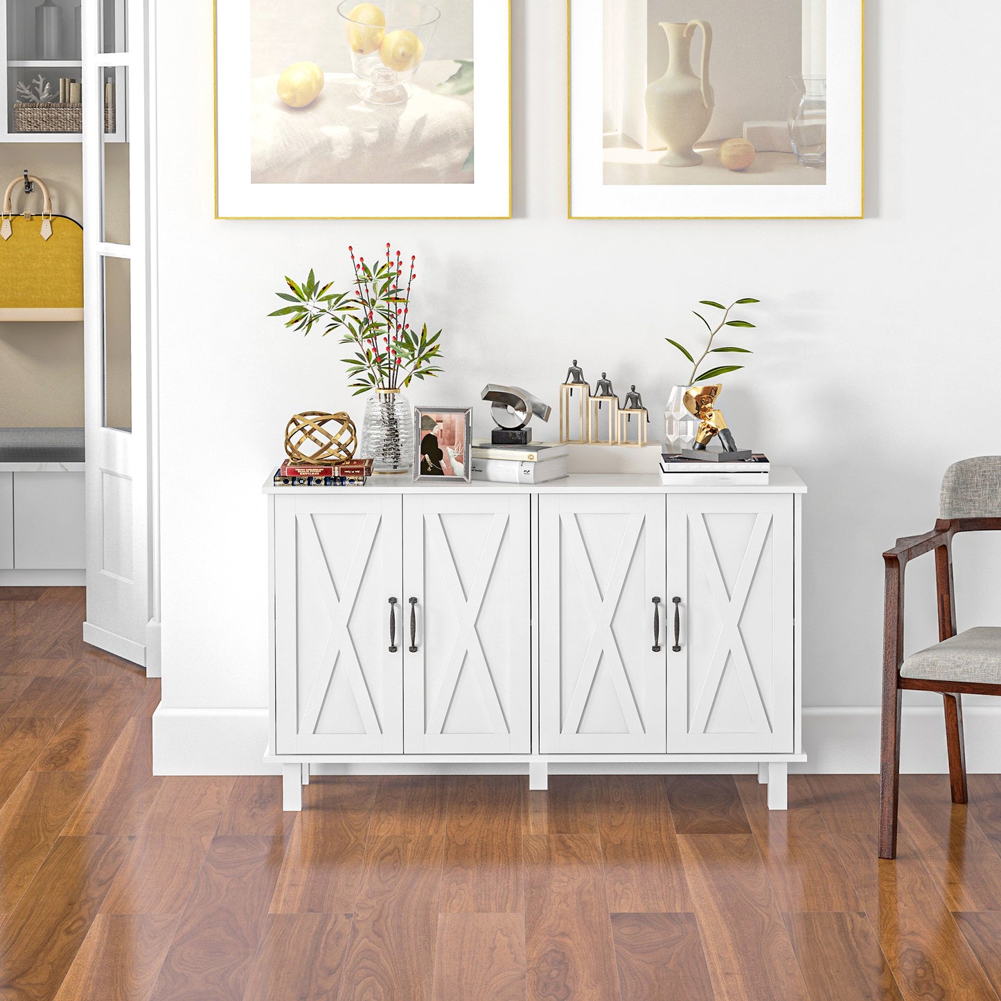 Kitchen Sideboard Cabinet with 4 Barn Doors and 2 Adjustable Shelves, Buffet Table for Living Room, Hallway, White