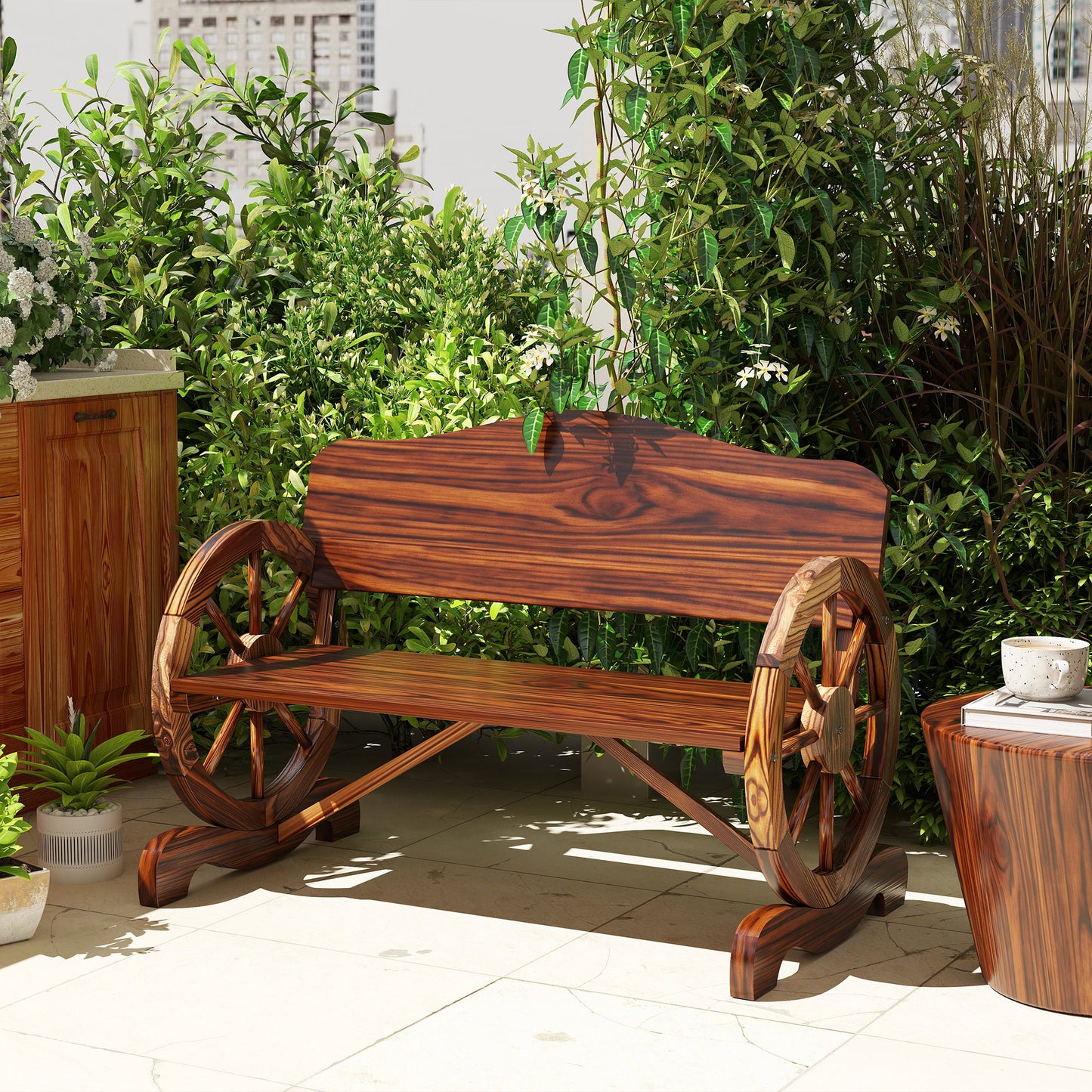 Wooden Outdoor Bench, Garden Patio Loveseat with Wagon Wheel Armrests, 528LBS Capacity, Carbonized