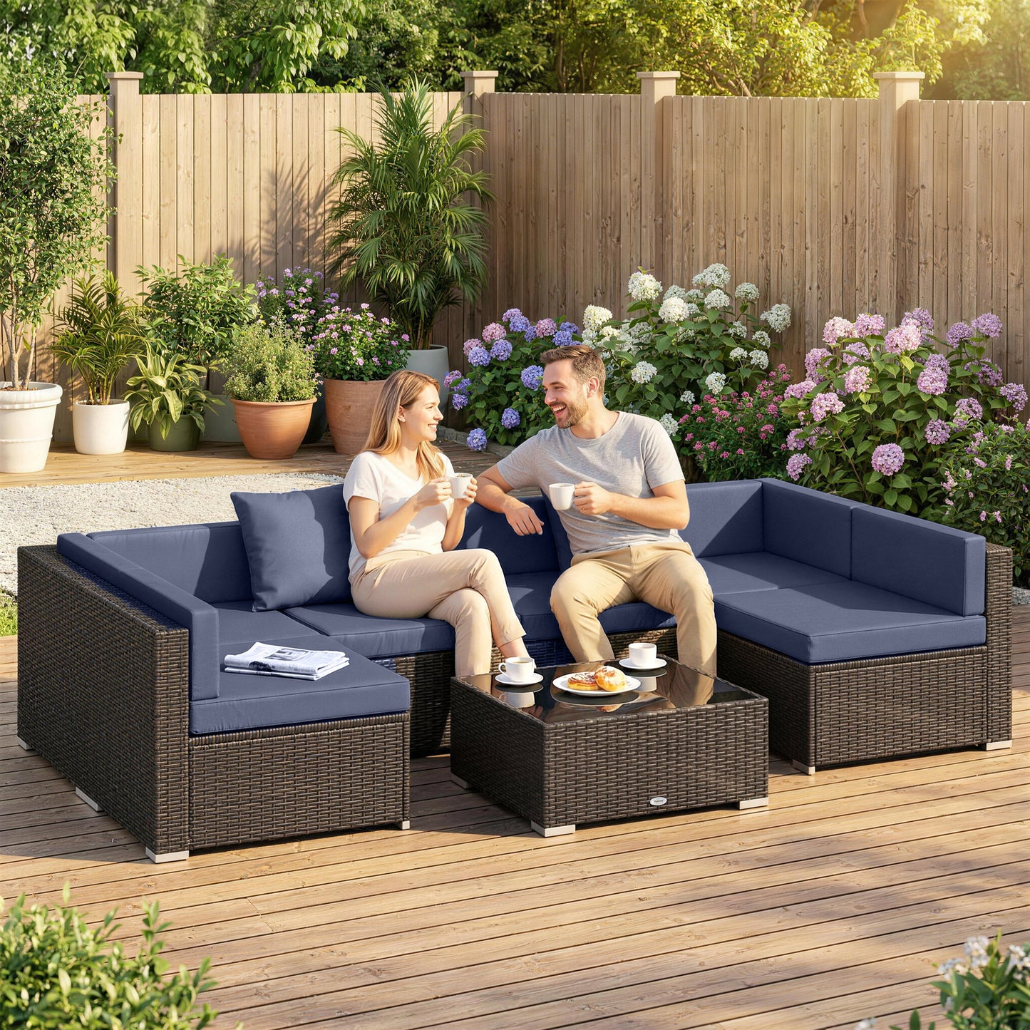 7pc Garden Wicker Sectional Set w/ Tea Table Patio Rattan Lounge Sofa Outdoor Deck Furniture Navy Blue