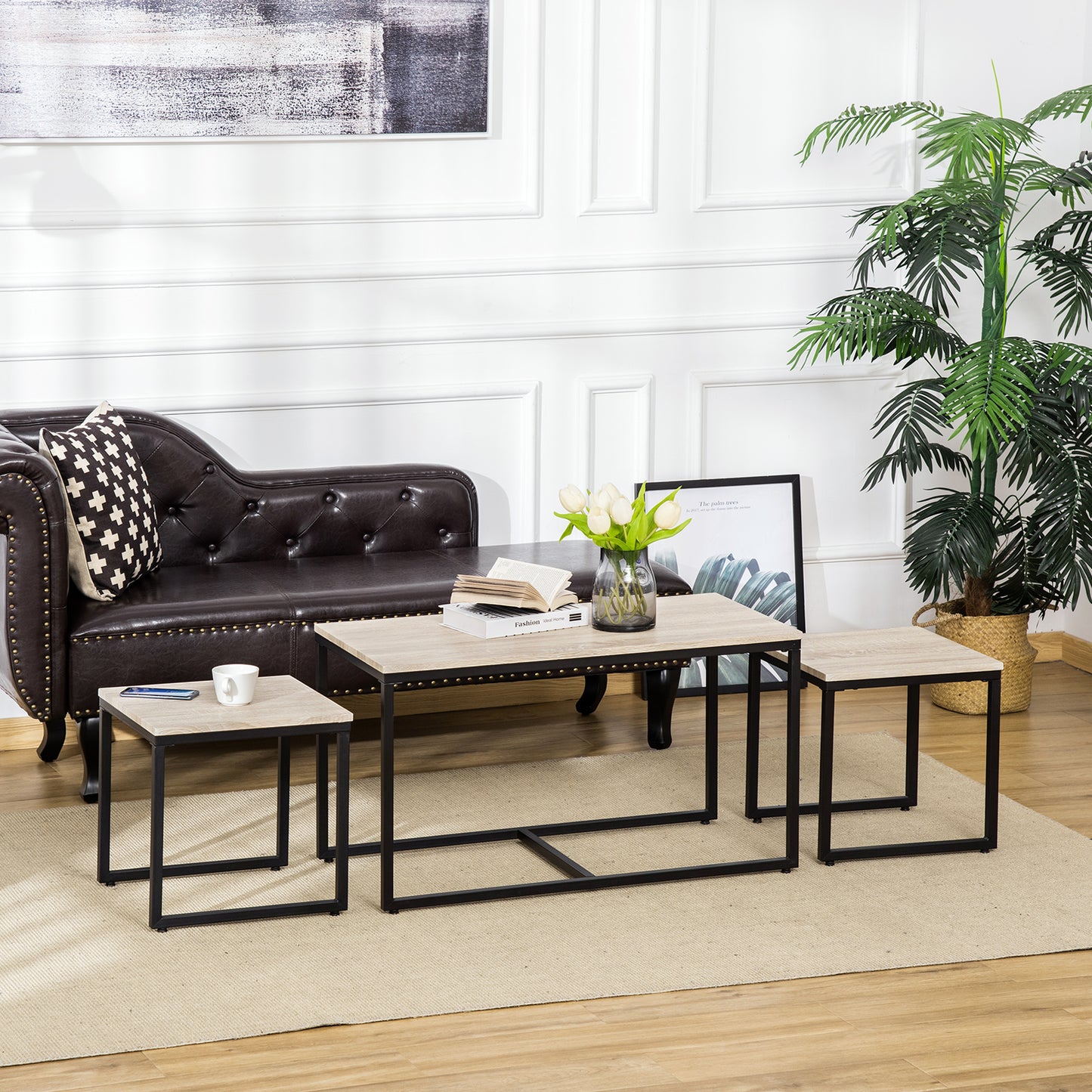 Nesting Coffee Table Set of 3, Modern End Tables with Black Metal Frame for Living Room Home Furniture, Natural