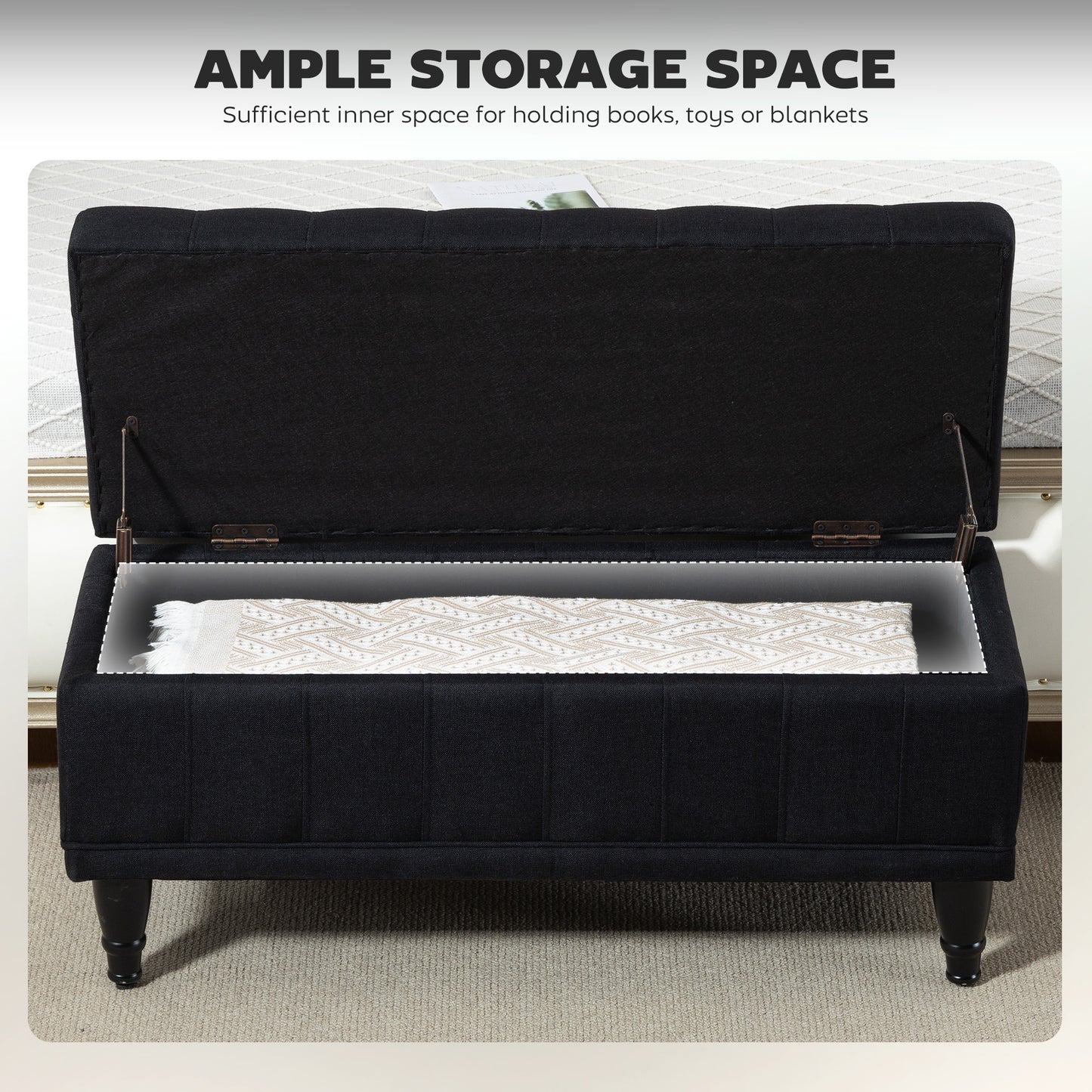 Storage Ottoman, Linen Fabric End of Bed Bench with Button Tufted Storage Bench for Bedroom, Black