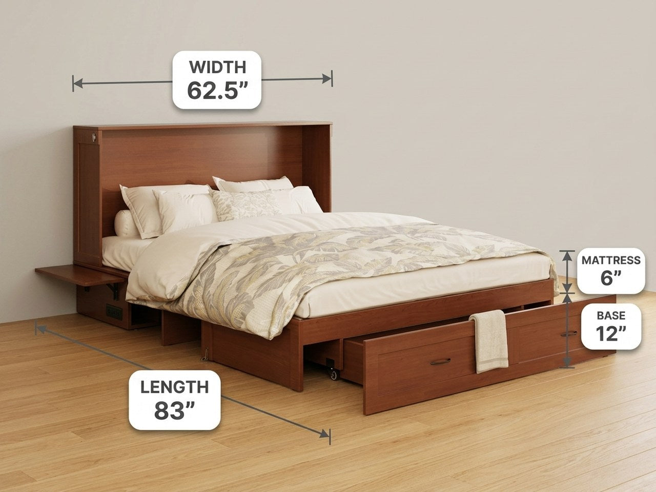 Olivia cabinet bed open, with dimensions