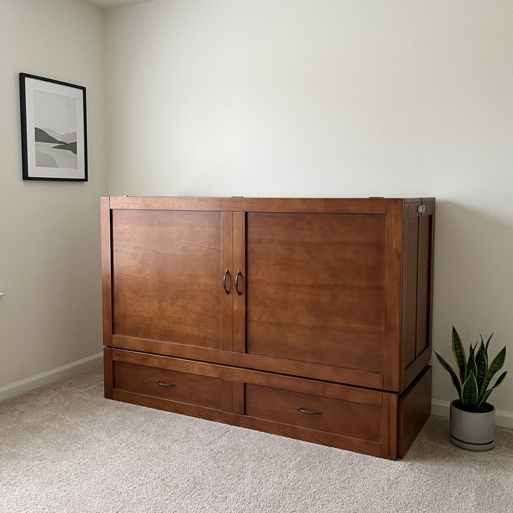 Customer photo of the white Olivia cabinet bed open in a condo bedroom