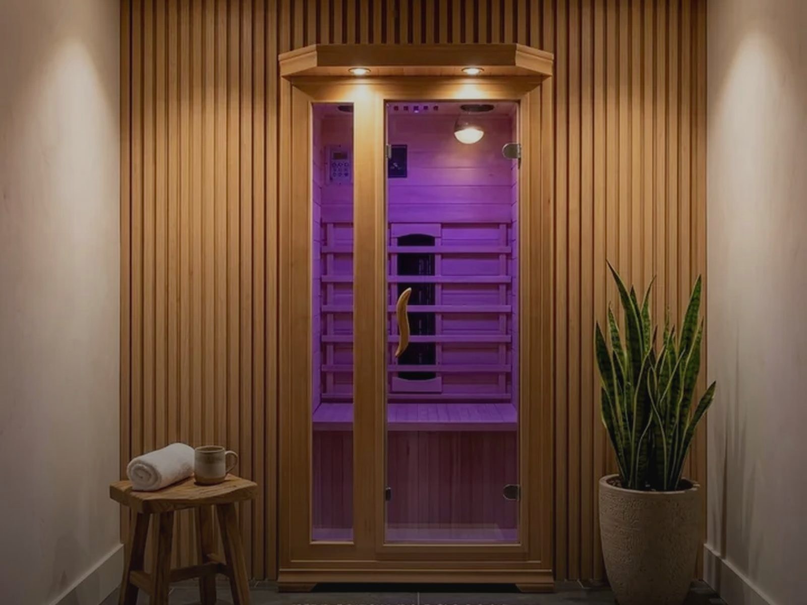 Haven infrared sauna glowing warm in a calm room