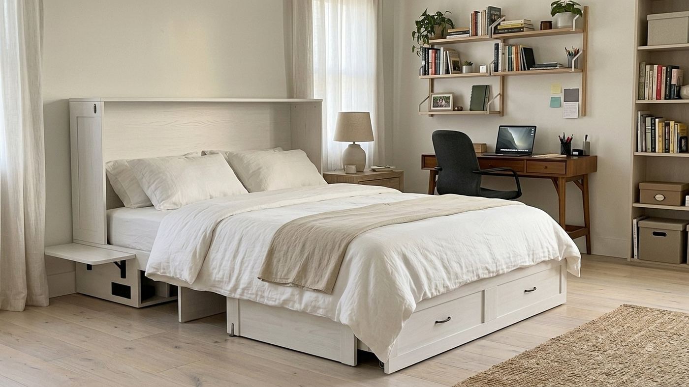 Customer photo of the Olivia cabinet bed folded out in a bright bedroom