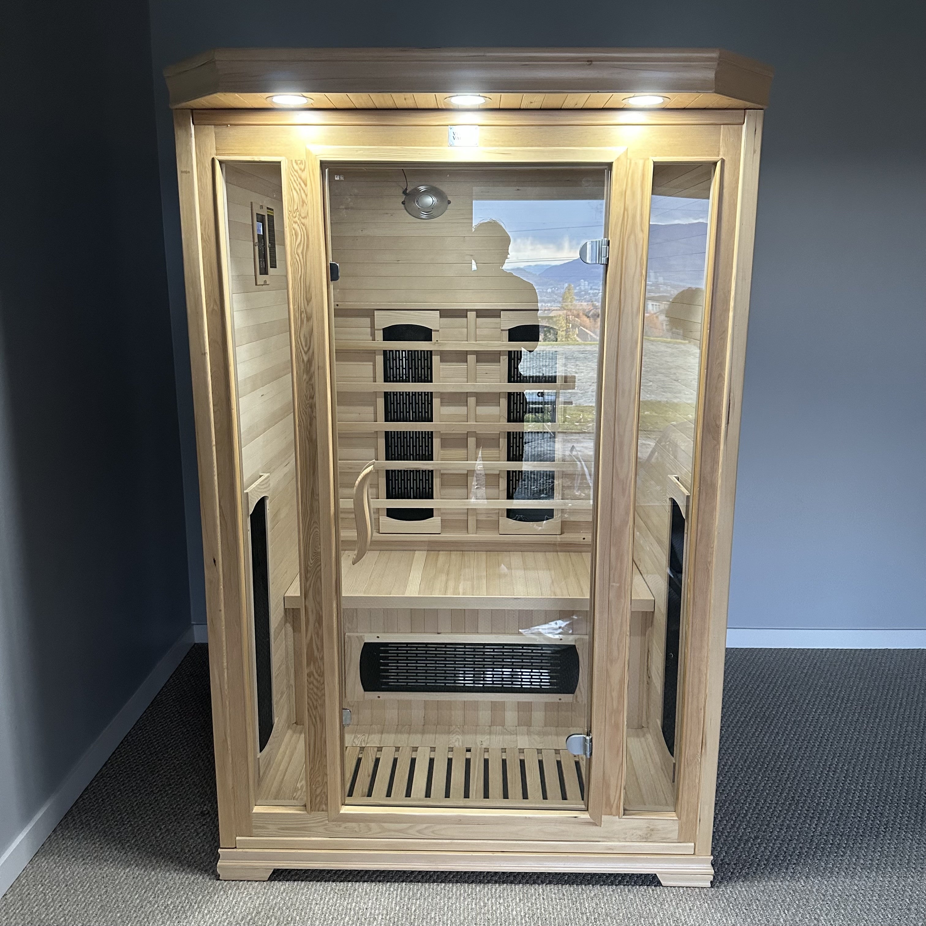 Customer photo inside the two-person Haven infrared sauna