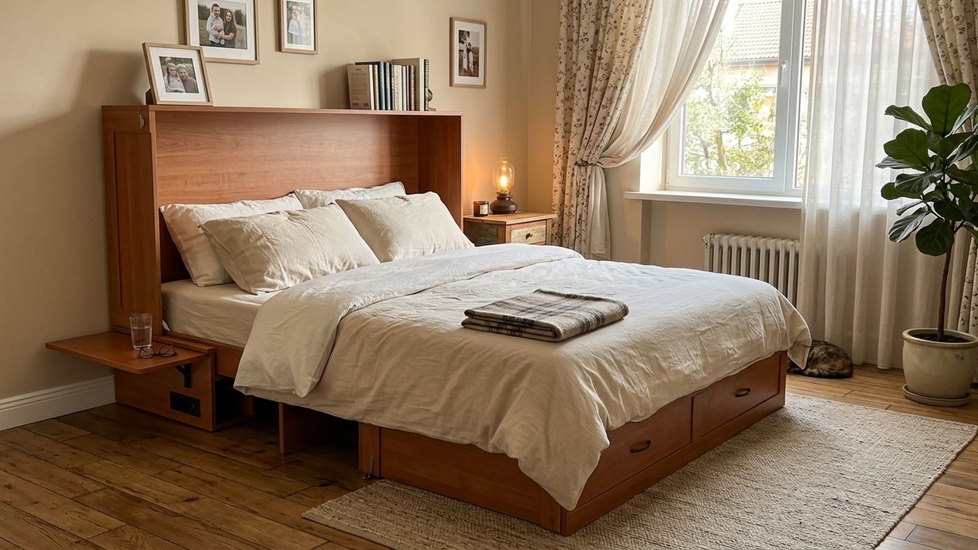Customer photo of the Olivia cabinet bed folded out into a queen bed