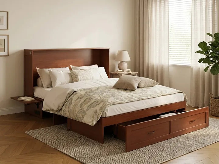 Olivia cherry cabinet bed open as a made guest bed