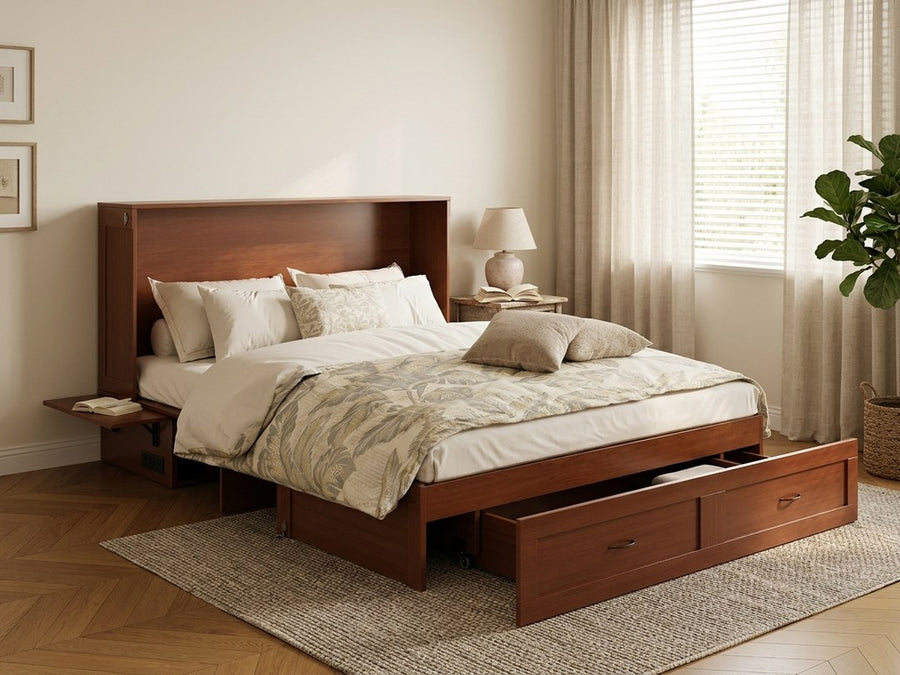 The Olivia open as a made queen guest bed in a warm bedroom