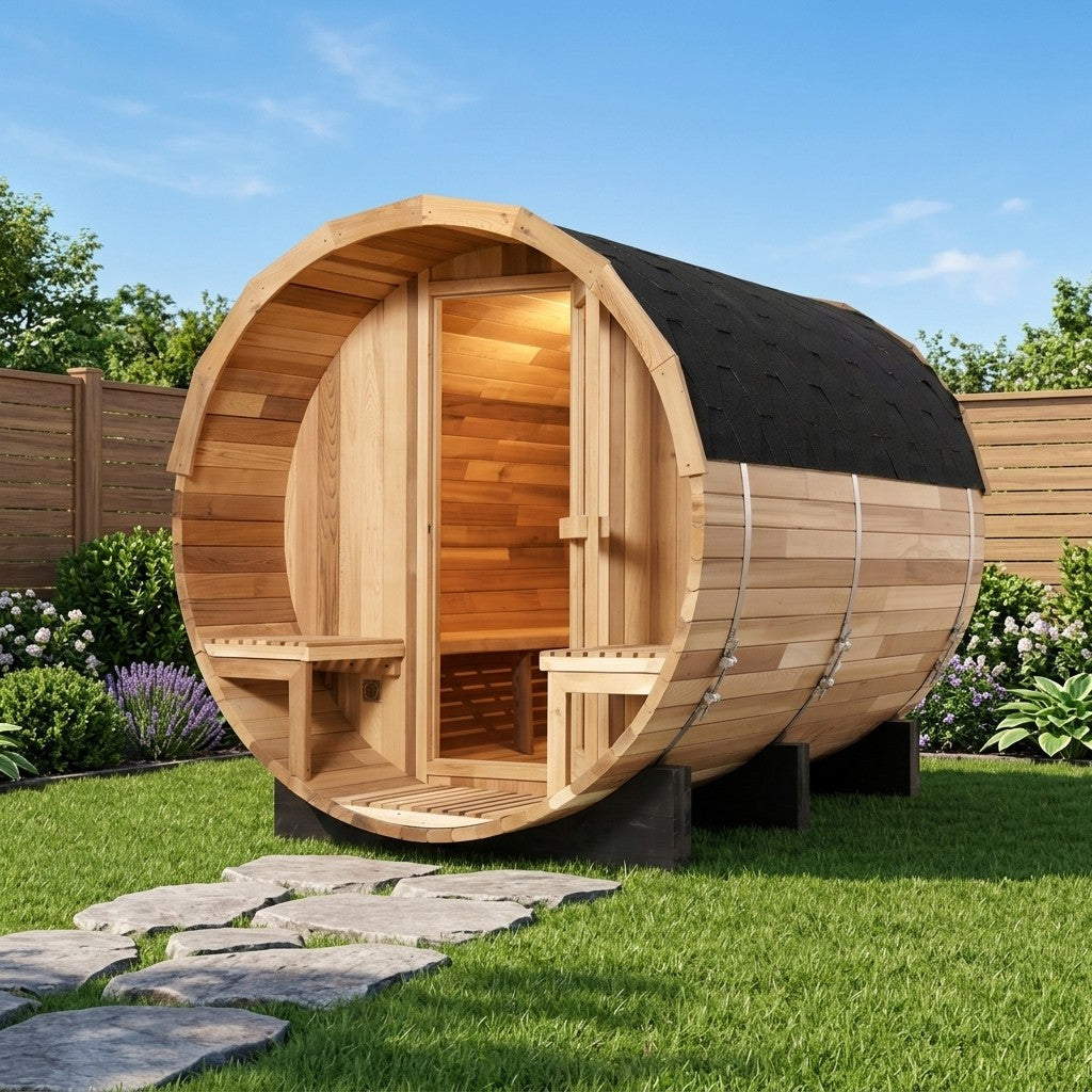 Nordic Porch Barrel Sauna — 4 to 6 Person Outdoor Sauna