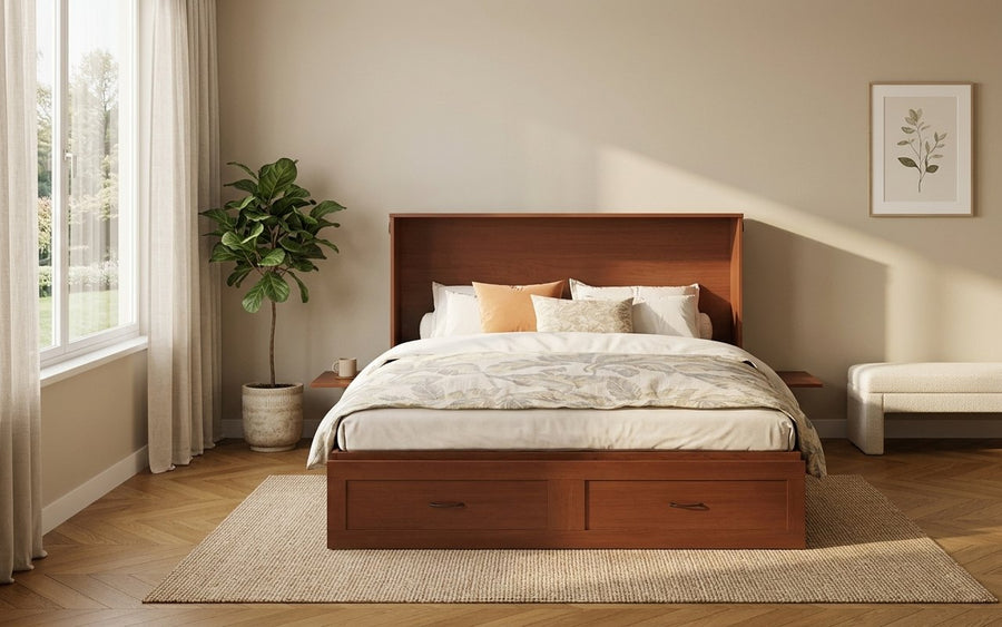The Olivia open as a made queen guest bed in a bright bedroom