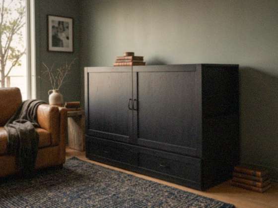 The Olivia closed as a black cabinet in a real, lived-in living room