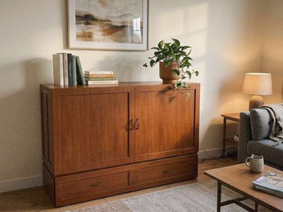 The Olivia closed, looking like a designer cabinet in a real living room