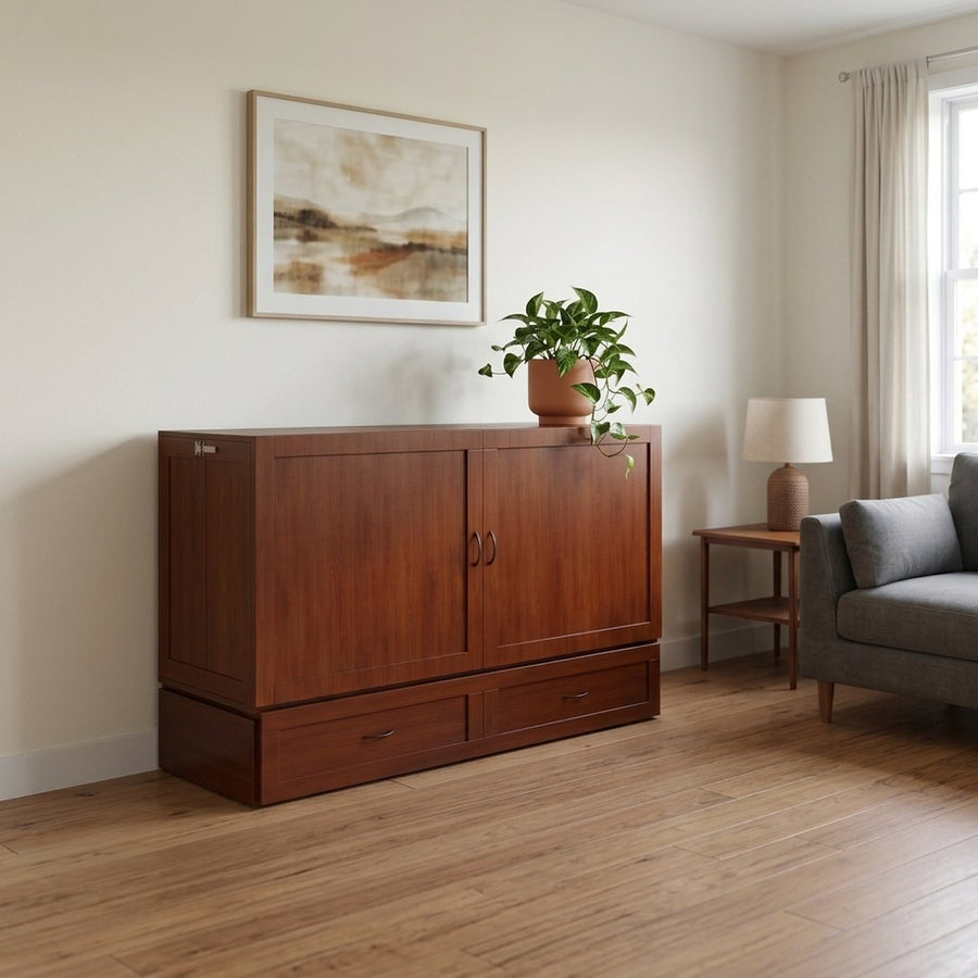 The Olivia closed, looking like a solid wood cabinet