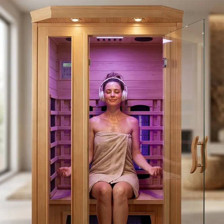 Haven Heat Sauna lifestyle - woman with headphones