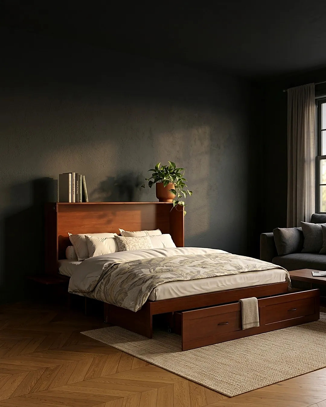 Olivia cabinet bed open in a warm modern bedroom