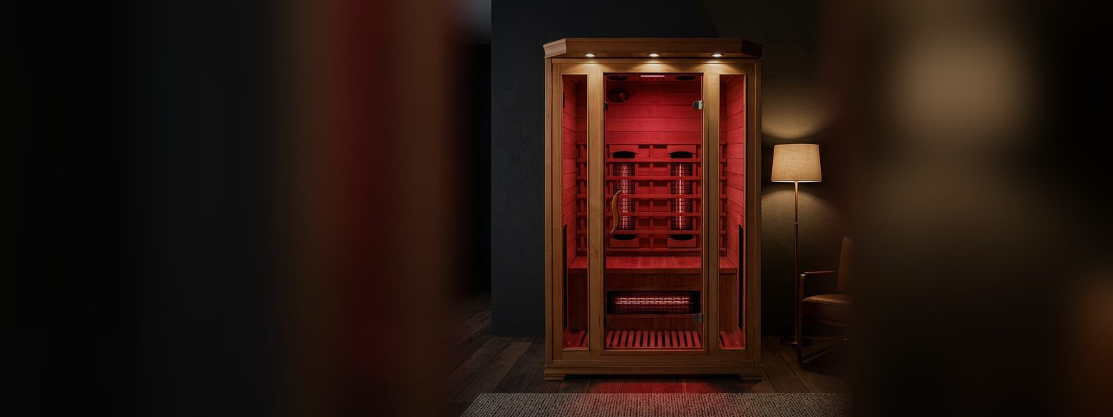 Haven infrared sauna glowing in a dark calm room