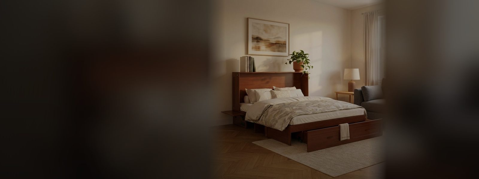Olivia cabinet bed styled in a warm bedroom