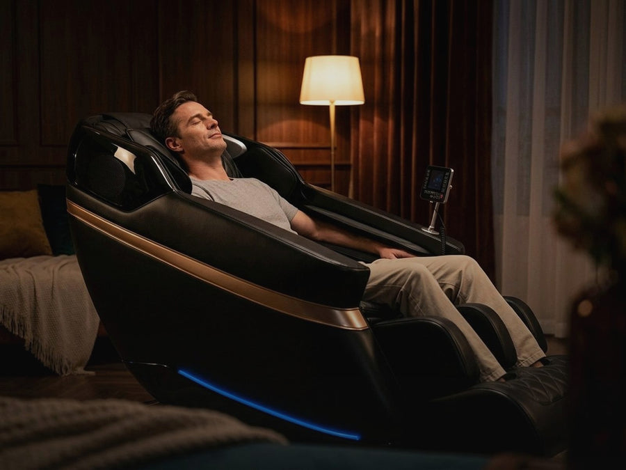 Man relaxing in the Bliss heated massage chair at night