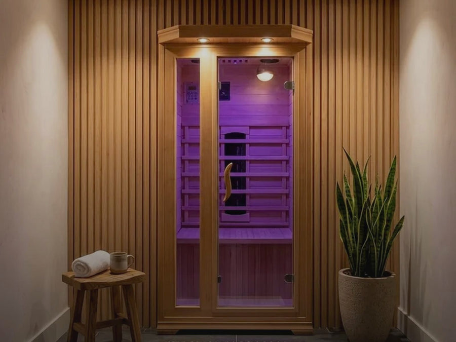 Haven infrared sauna glowing warm in a calm room